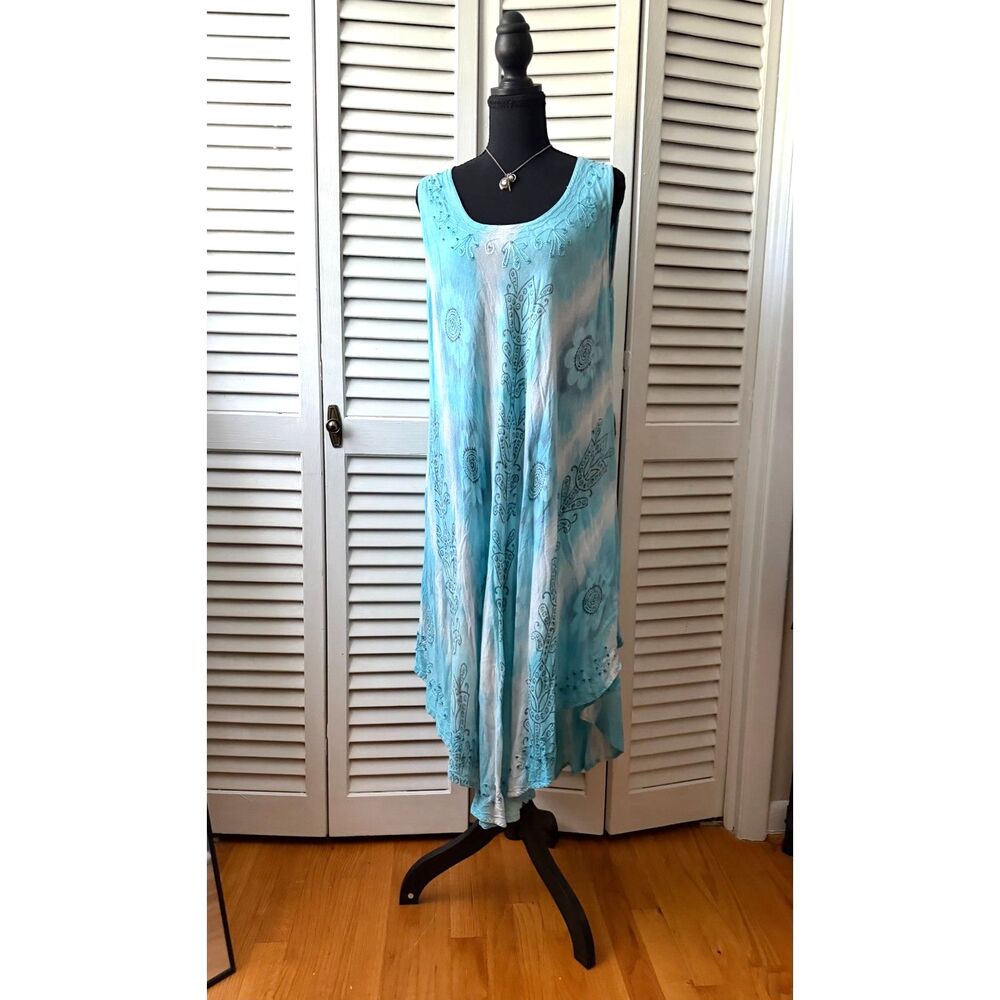 Boho Hippie Fairycore Flowy Blue and White Double Decker Sleeveless Dress OS